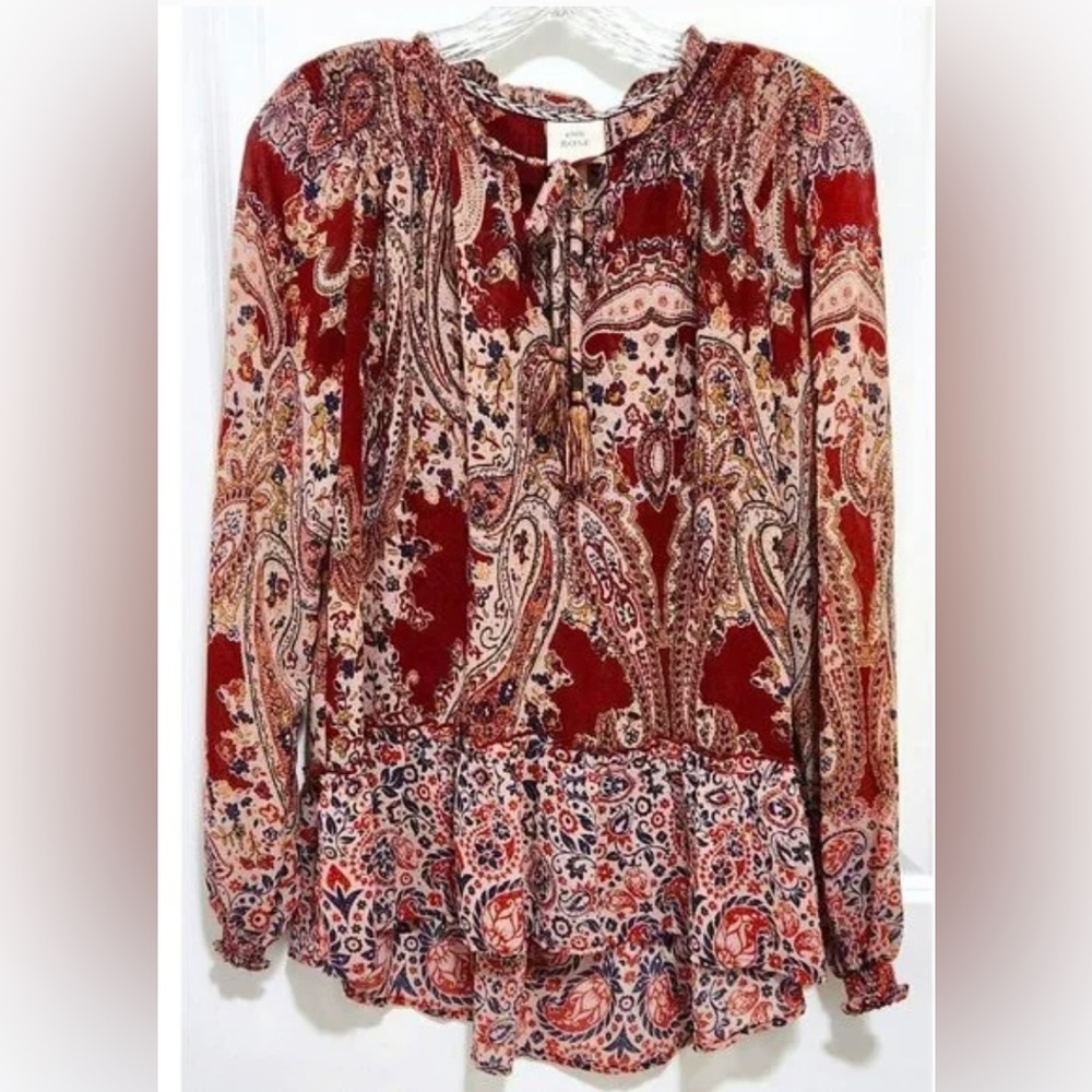 Knox Rose Sheer Tassell Tie Neck Pullover Ruffle Tunic/Blouse Boho Sz Small
